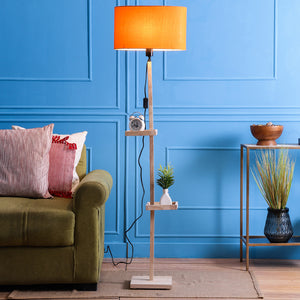 Orange Fabric Double Shelf Floor Lamp with Natural Solid Wood Color Base