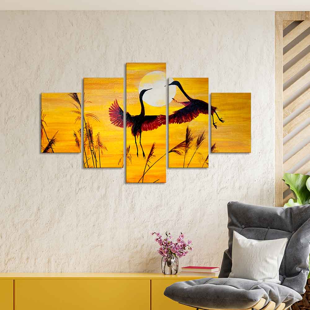 Pair of Cranes over an Autumn Field Canvas Bedroom Wall Painting