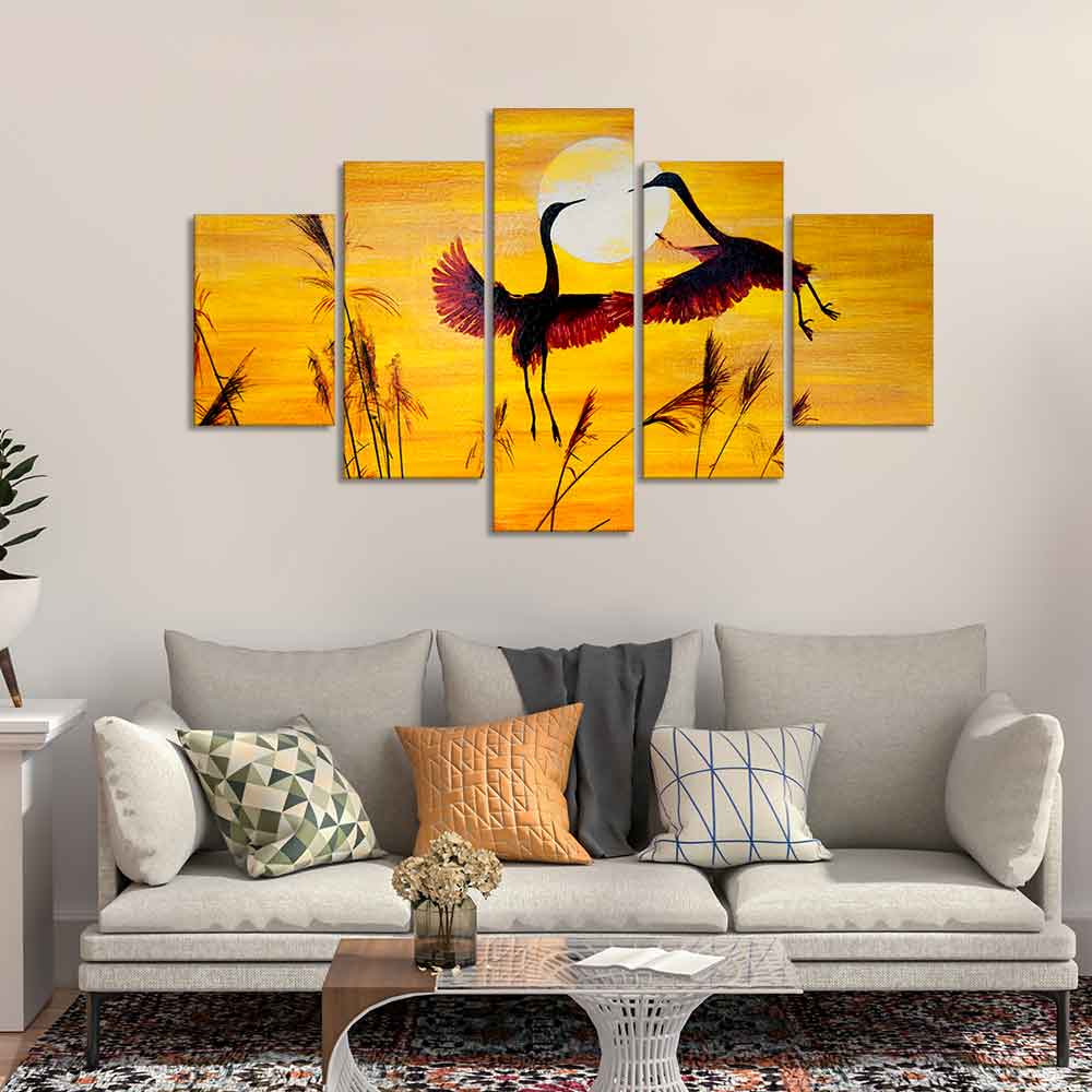 Pair of Cranes over an Autumn Field Canvas Bedroom Wall Painting