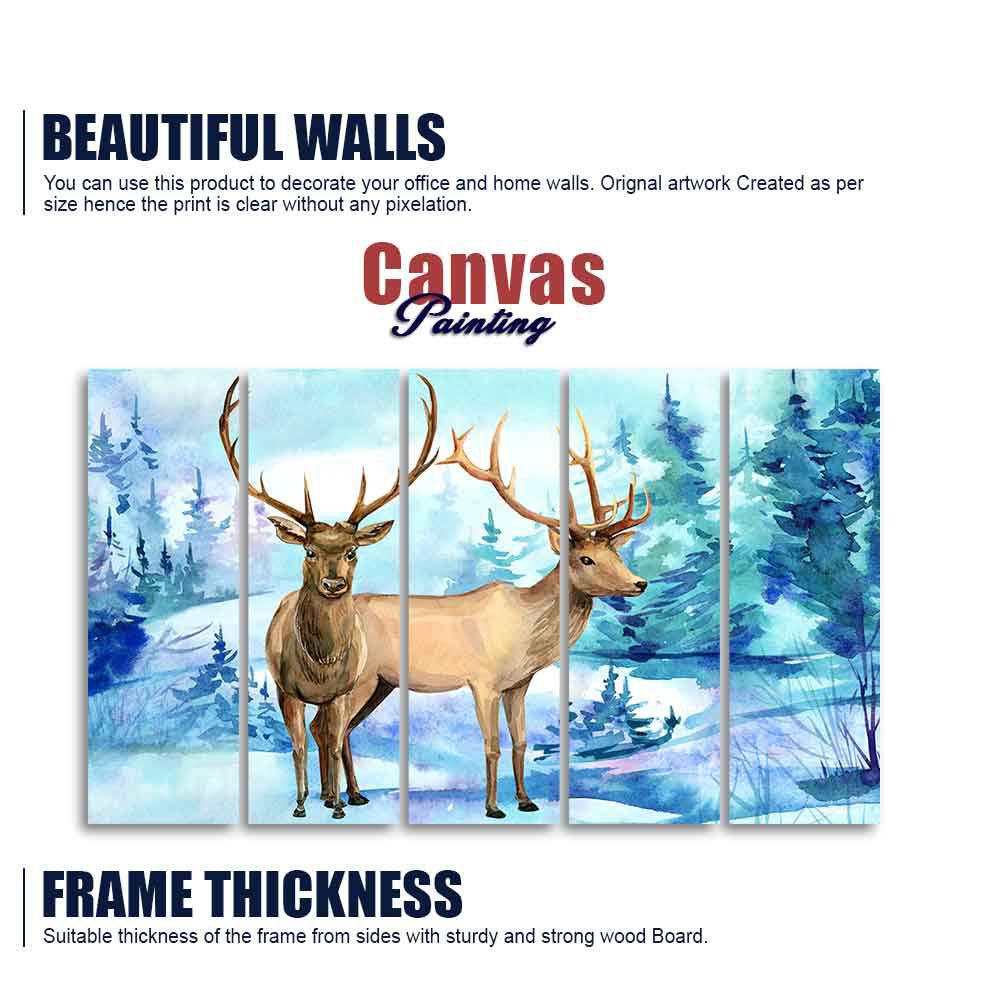 Pair of Deer in Snow Covered Forest Five Pieces Wall Painting