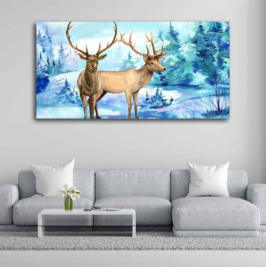 Pair of Deer in Snow Covered Forest Wall Painting