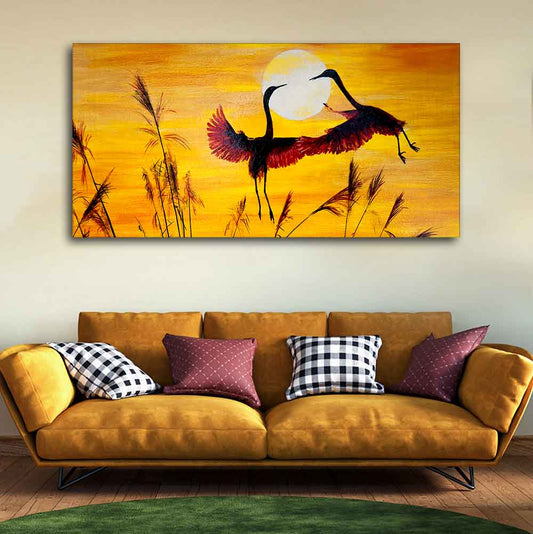 Pair of Flamingos Flying in Sunset Canvas Wall Painting