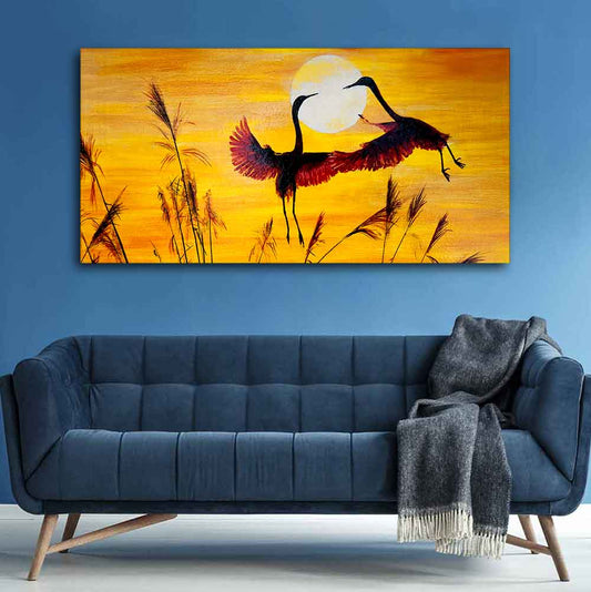 Pair of Flamingos Flying in Sunset Canvas Wall Painting