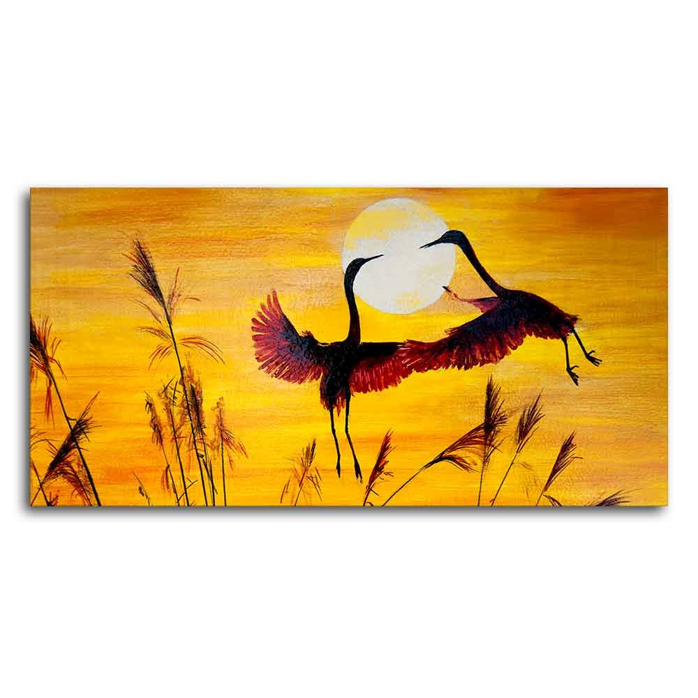 Pair of Flamingos Flying in Sunset Canvas Wall Painting