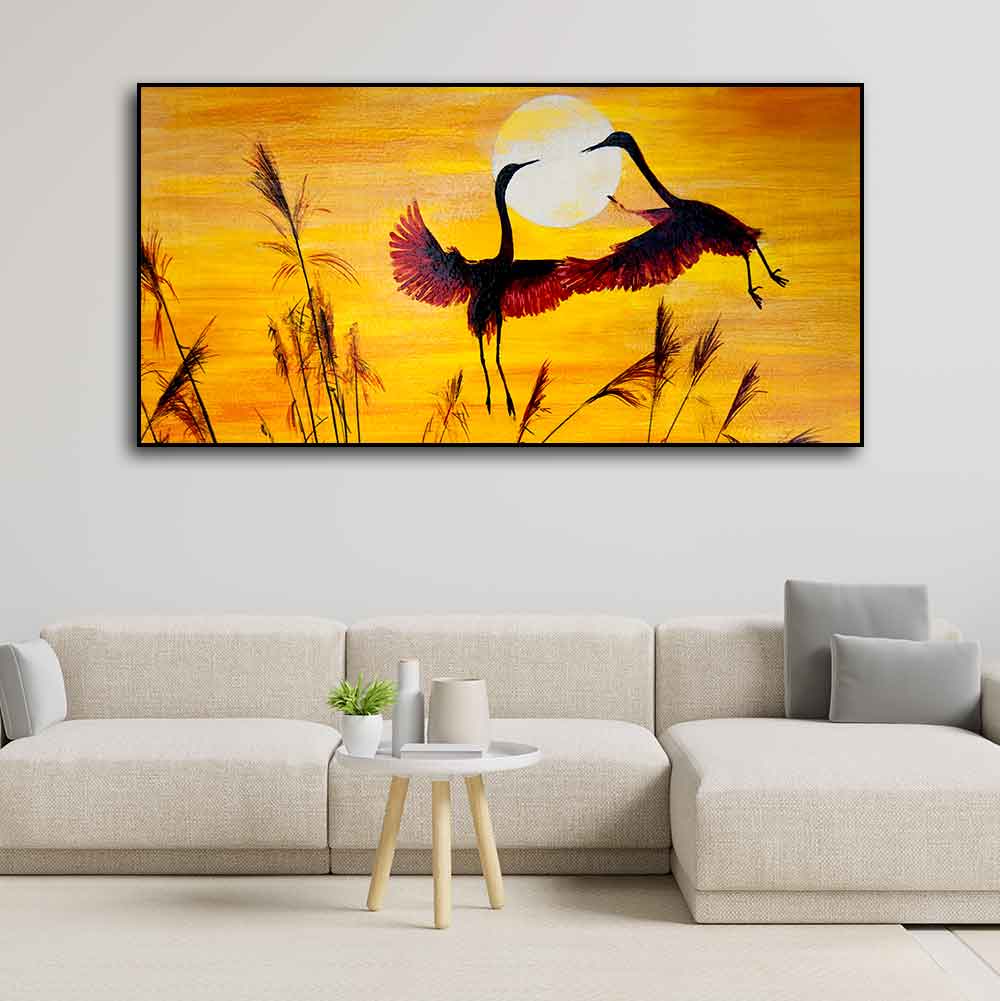 Pair of Flamingos Flying in Sunset Canvas Wall Painting