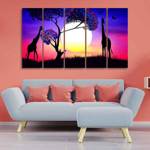 Pair of Giraffe at Night Canvas Wall Painting of Five Pieces