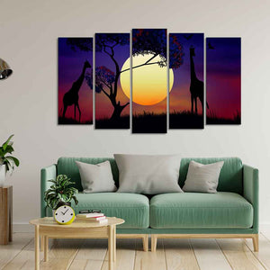 Pair of Giraffe at Night Canvas Wall Painting Set of Five Pieces