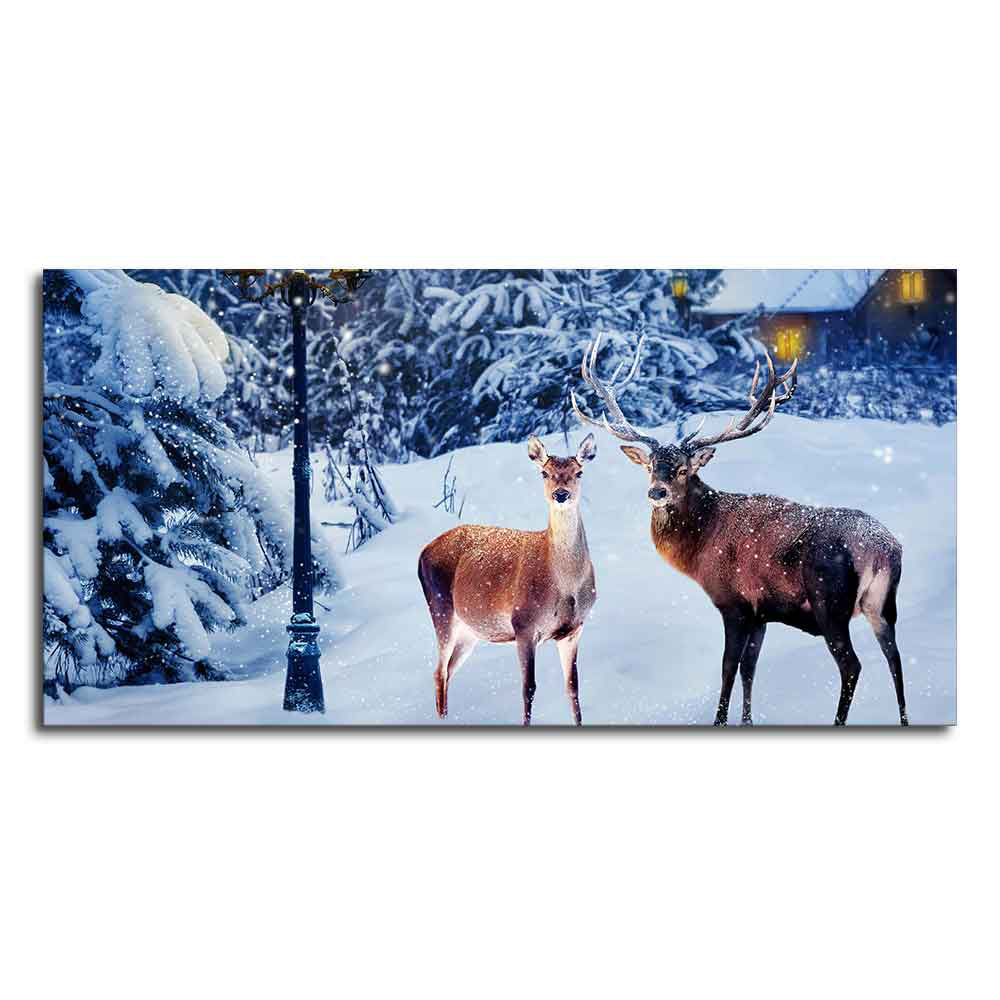 Pair of Red Deer in Snowy Forest Premium Wall Painting