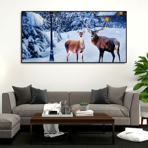 Pair of Red Deer in Snowy Forest Premium Wall Painting