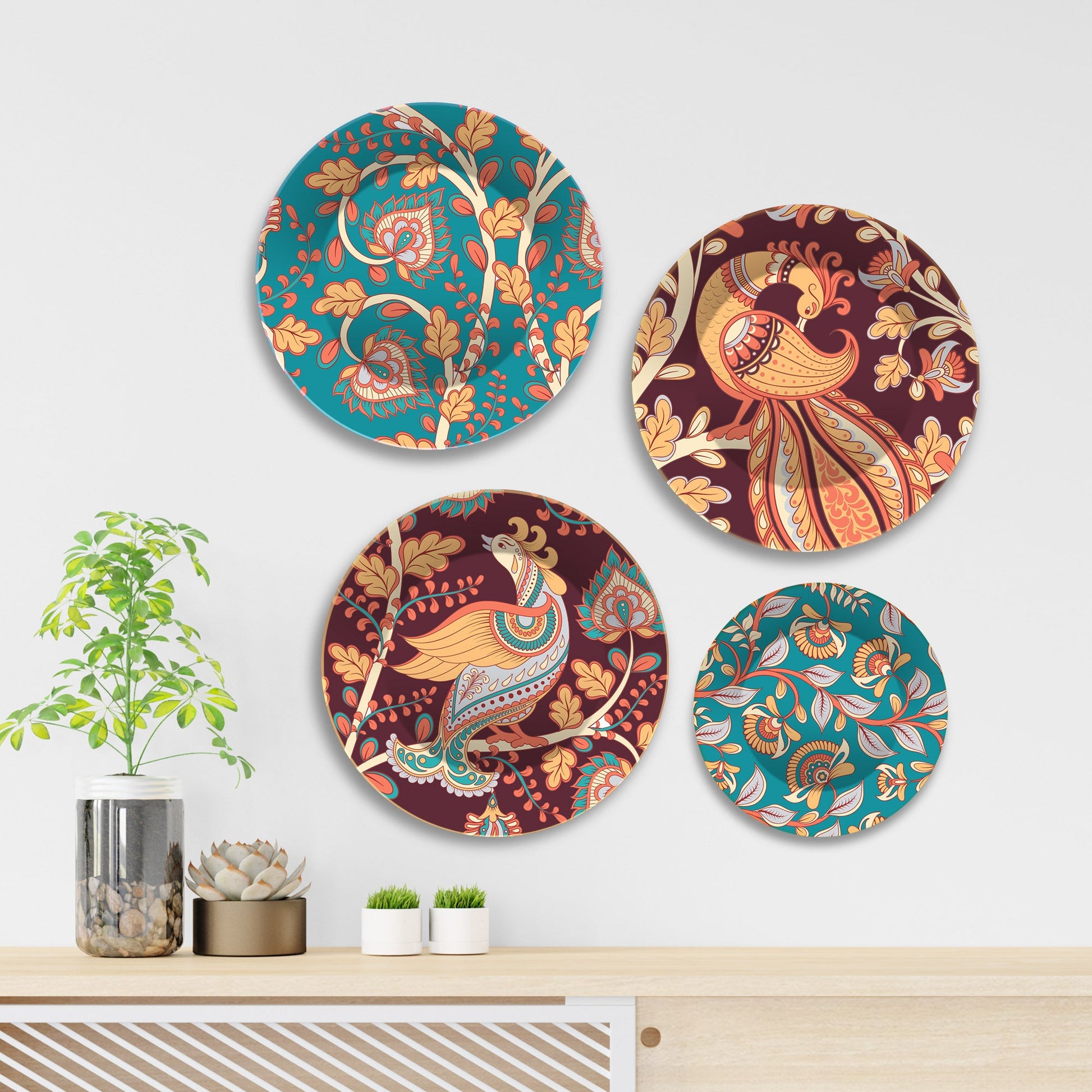 Paisley Artistic Pattern Premium Wall Plates Painting Set of Four