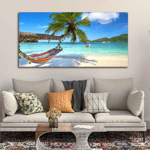 Perfect Beach with Palm Tree and Hammock Premium Canvas Wall Hanging