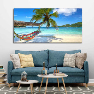 Perfect Beach with Palm Tree and Hammock Premium Canvas Wall Hanging