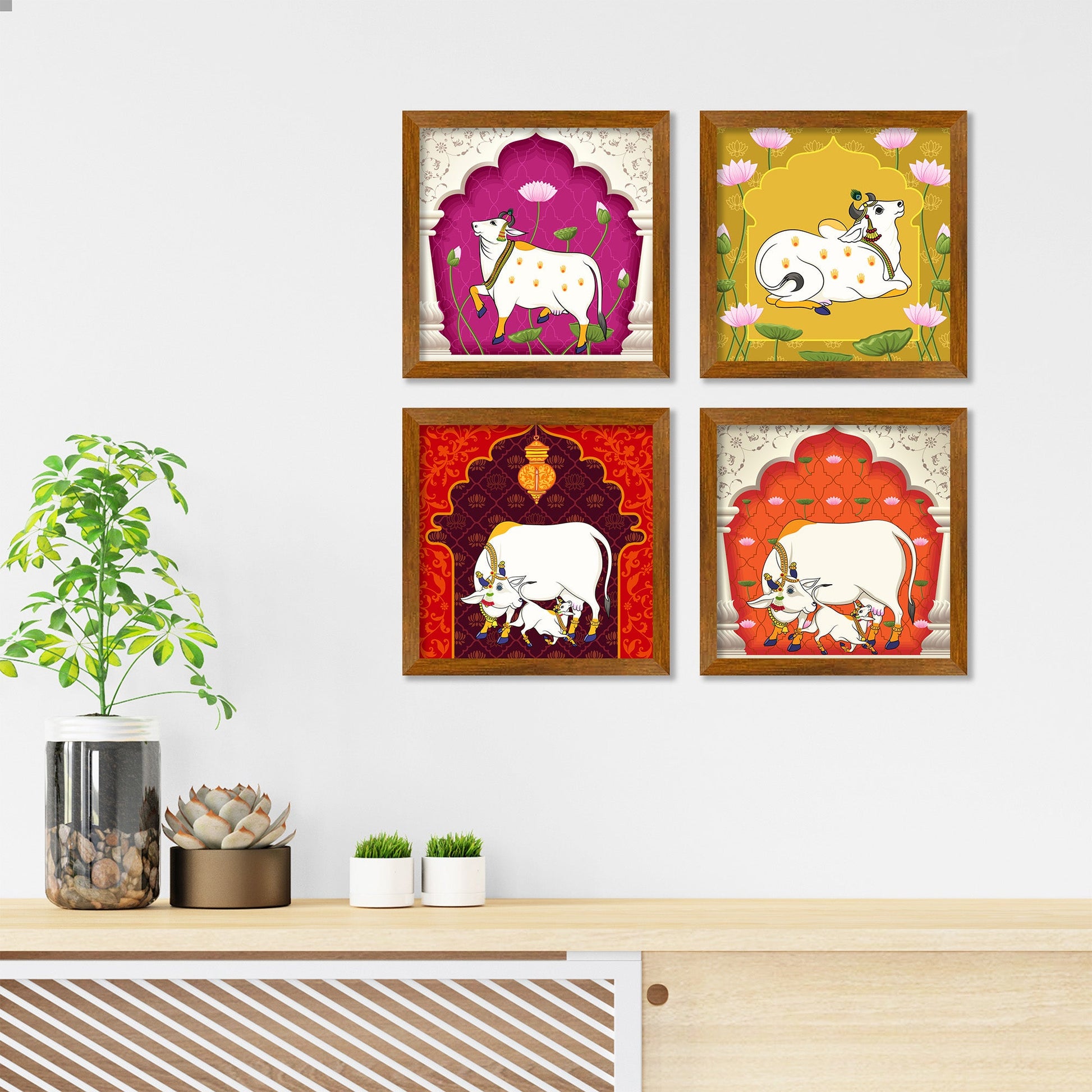 Pichwai Cow Floral Art Premium Wall Frame Set of Four