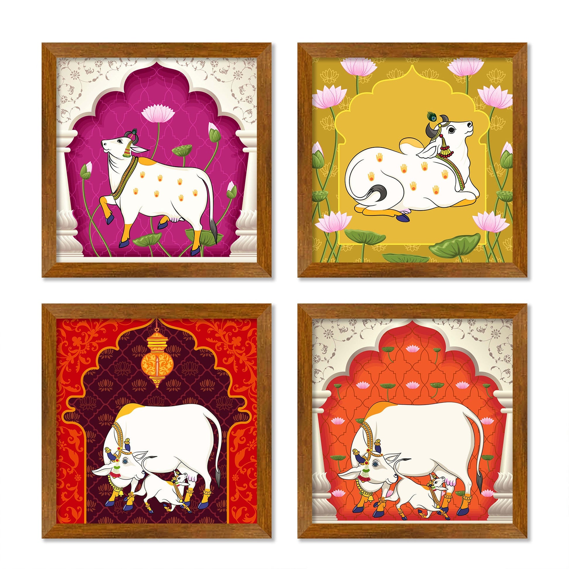 Pichwai Cow Floral Art Premium Wall Frame Set of Four