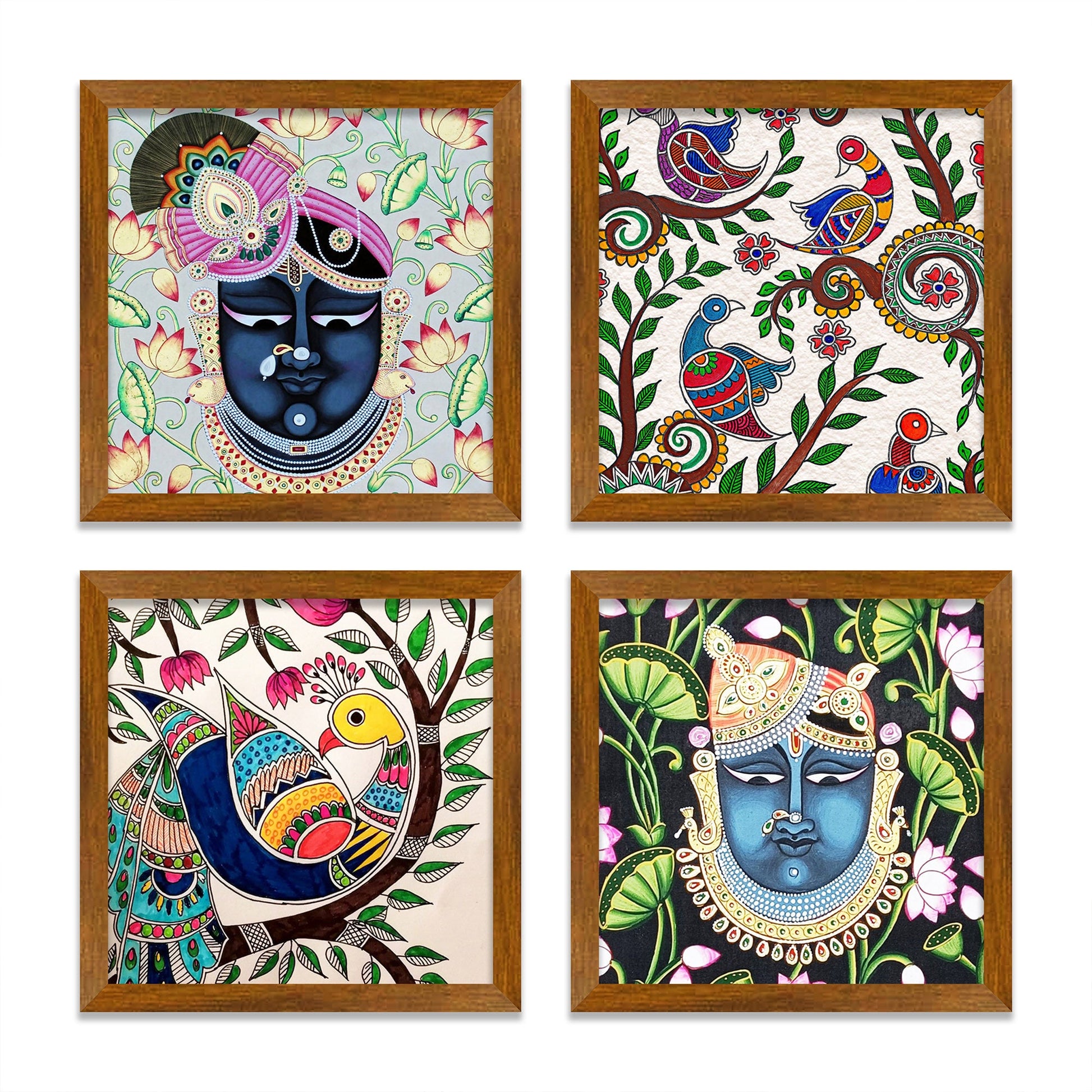 Pichwai Krishna Designer Art Wooden Wall Frame Set of Four