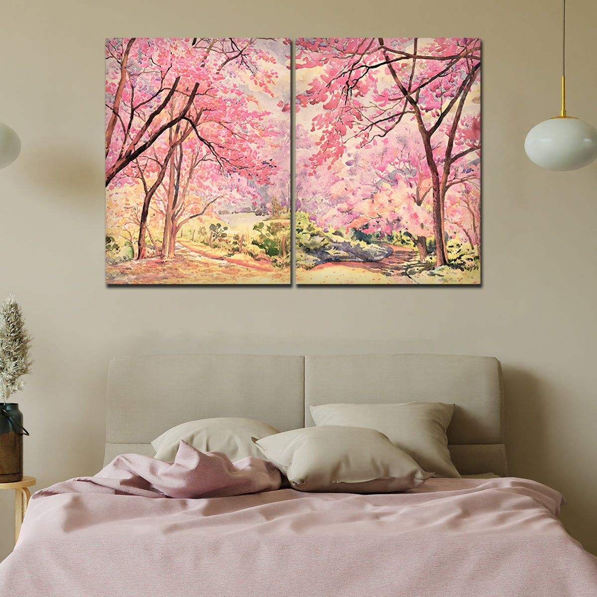 Pink Flower Trees Nature Forest Premium Bedroom Wall Painting