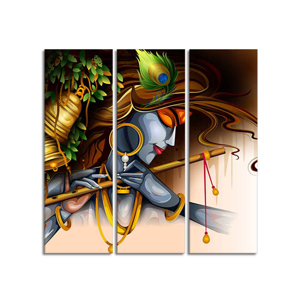 Playing Flute Krishna Canvas Wall Painting 3 Pieces Set