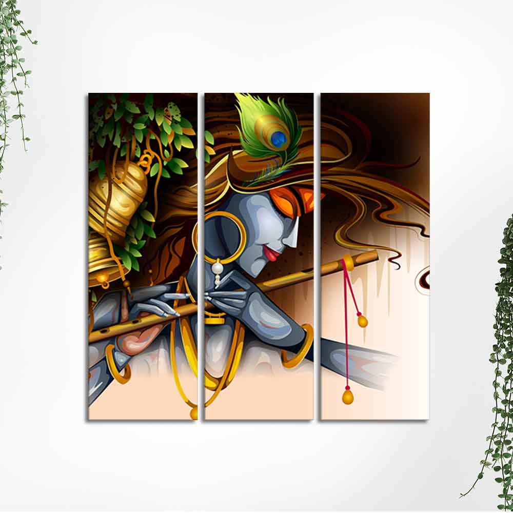 Playing Flute Krishna Canvas Wall Painting 3 Pieces Set