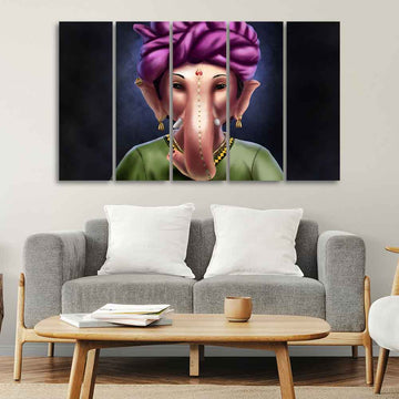 Portrait of Lord Ganesha Canvas Wall Painting of Five Pieces
