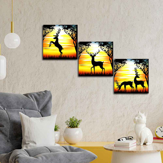 Premium 3 Pieces Wall Painting of Black Deer Silhouette in the Forest
