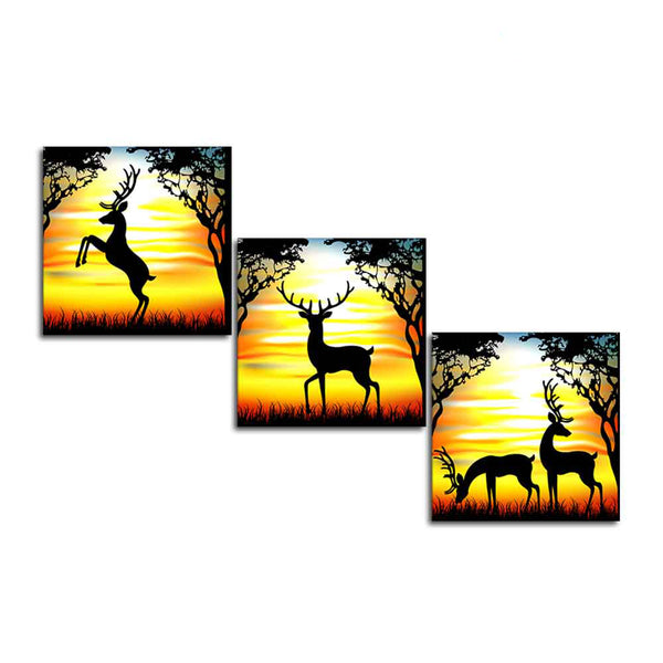 Premium 3 Pieces Wall Painting of Black Deer Silhouette in the Forest