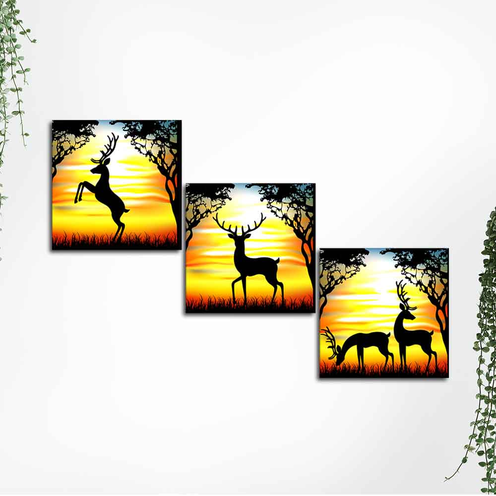 Premium 3 Pieces Wall Painting of Black Deer Silhouette in the Forest