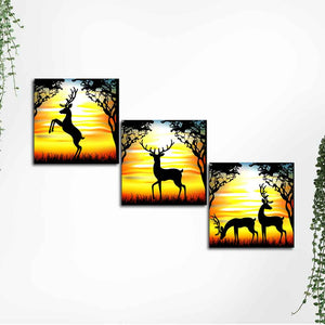 Premium 3 Pieces Wall Painting of Black Deer Silhouette in the Forest