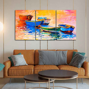 Premium 3 Pieces Wall Painting of Boats in Sunset