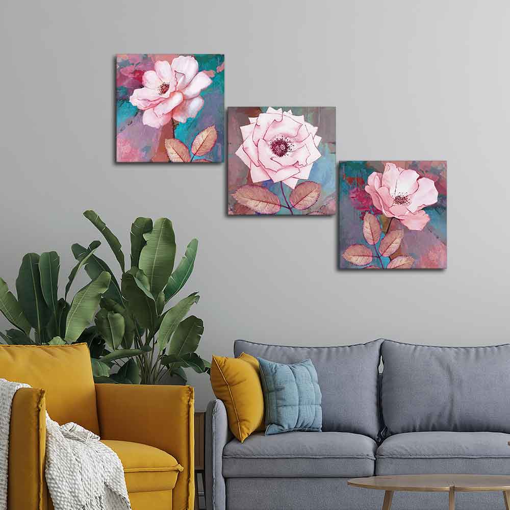 Premium 3 Pieces Wall Painting of Pink Rose