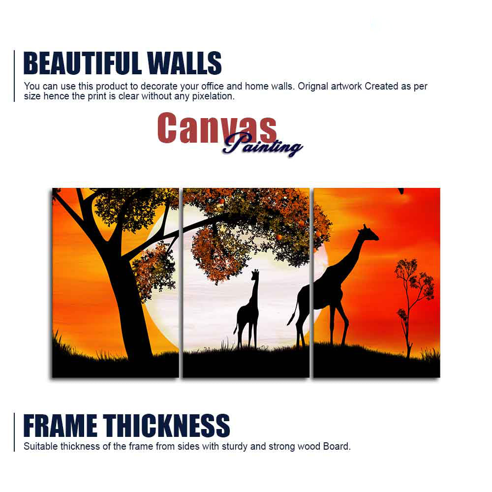 Premium 3 Pieces Wall Painting of Pair of Giraffe under a Tree in Sunset