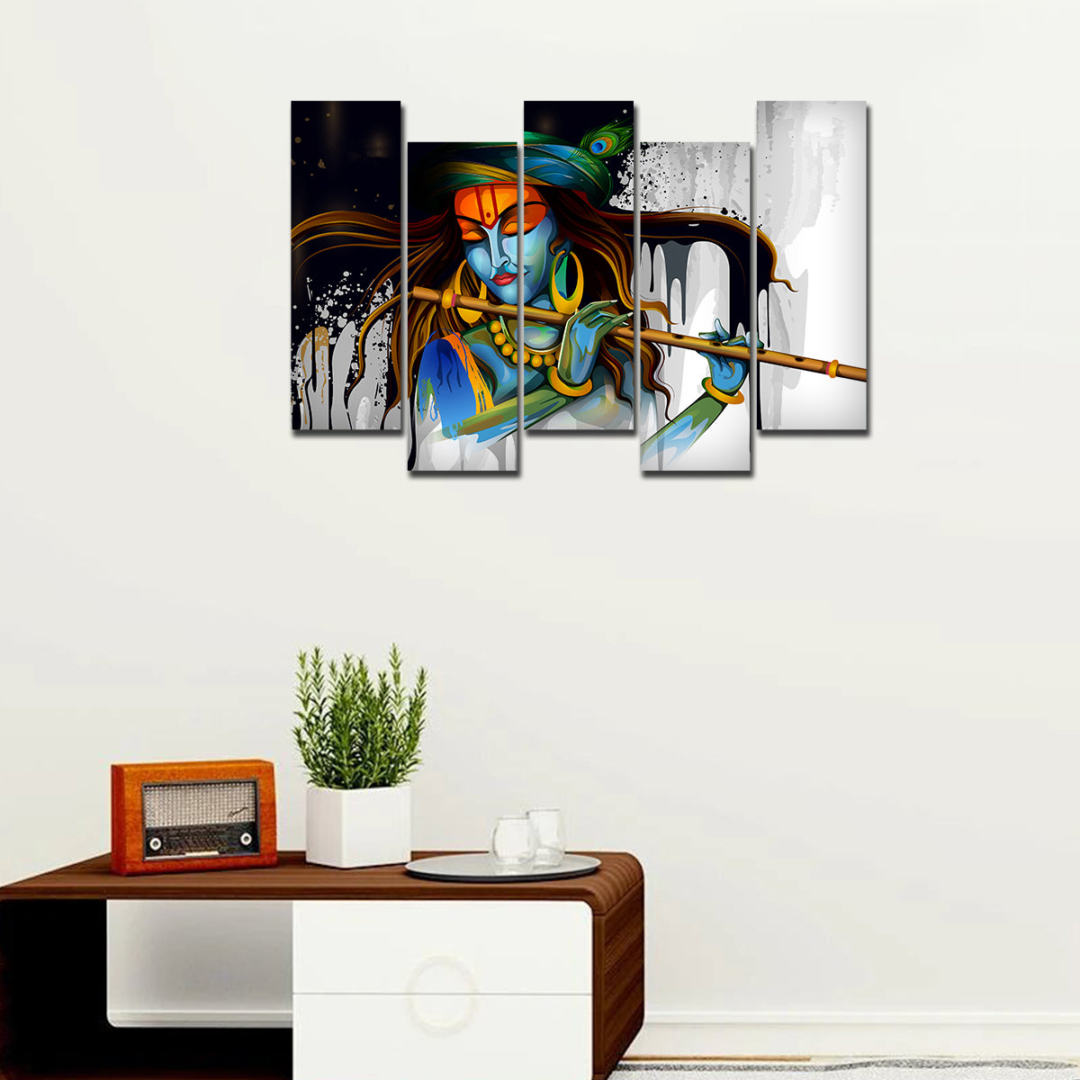 Premium 5 Pieces Abstract Art Wall Painting of Lord Krishn Playing Flute