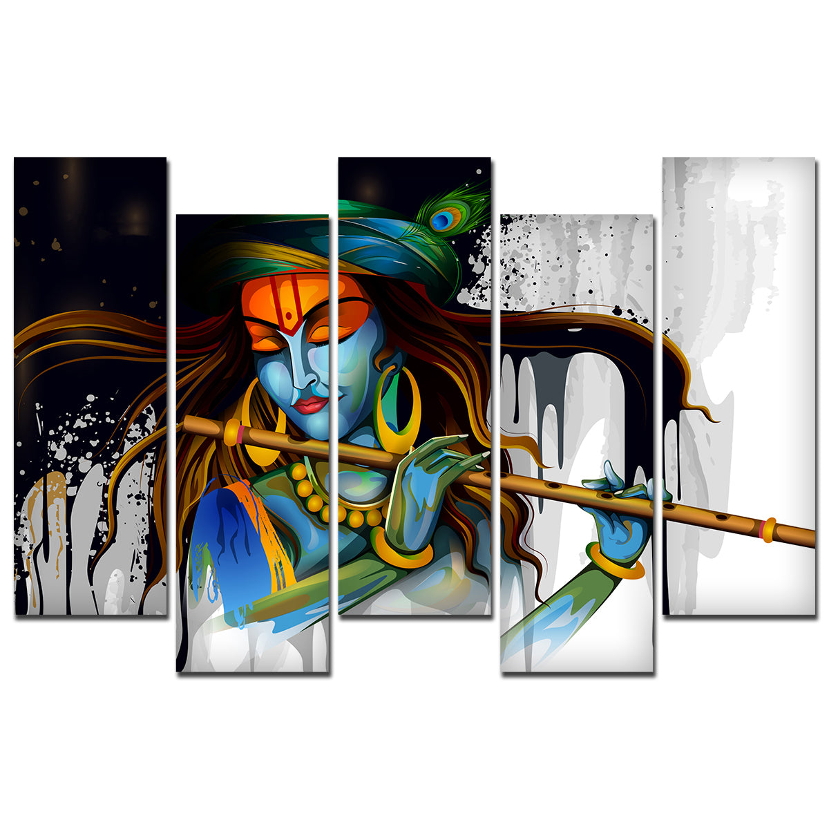 Premium 5 Pieces Abstract Art Wall Painting of Lord Krishn Playing Flute