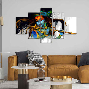 Premium 5 Pieces Wall Painting of Lord Krishna Playing Flute