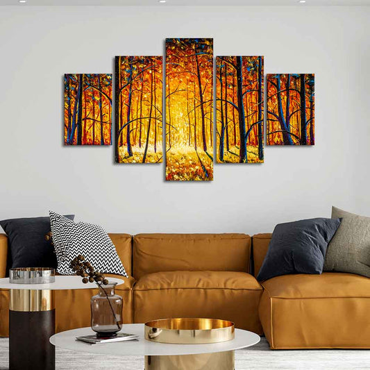 Premium 5 Pieces Wall Painting of Sunny Tree Forest