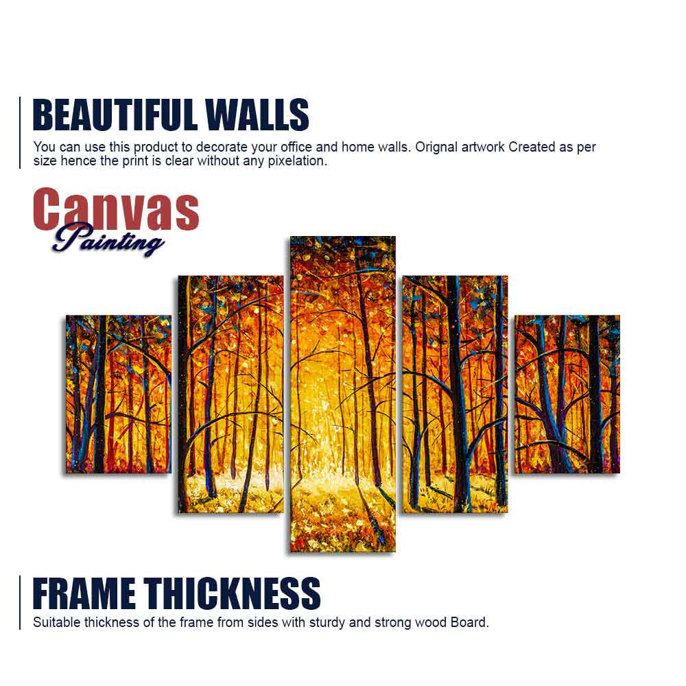 Premium 5 Pieces Wall Painting of Sunny Tree Forest