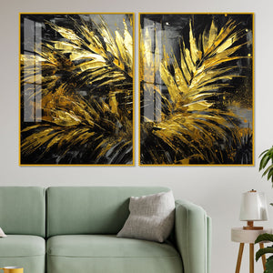 Premium Black and Shiny Gold Palm Leaves Acrylic Floating Wall Painting Set Of 2