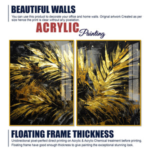 Premium Black and Shiny Gold Palm Leaves Acrylic Floating Wall Painting Set Of 2