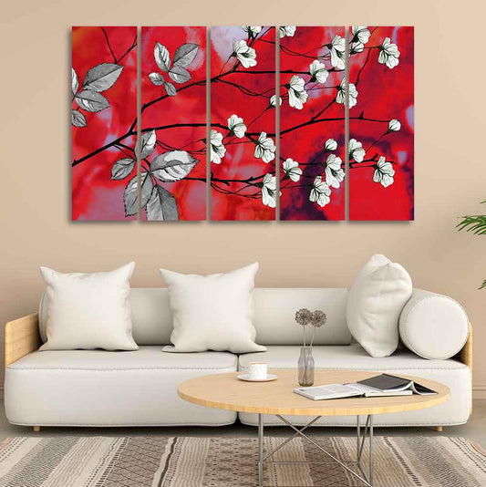 Premium Canvas Abstract Art Painting of White Flowers Set of Five