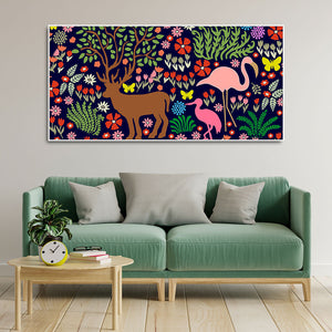 Premium Canvas Folk Art Painting of Animals in Dark Forest