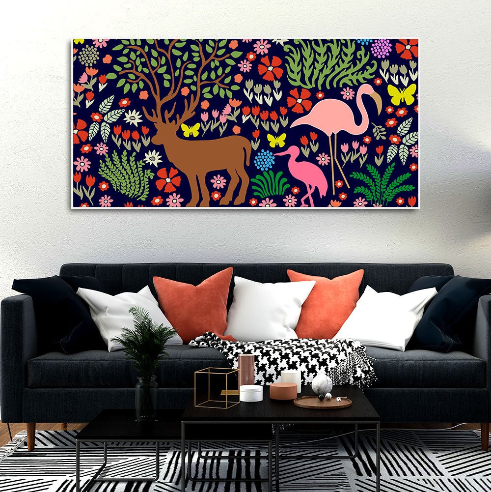 Premium Canvas Folk Art Painting of Animals in Dark Forest