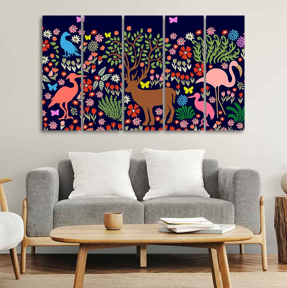 Premium Canvas Folk Art Painting of Animals in Dark Forest Set of Five