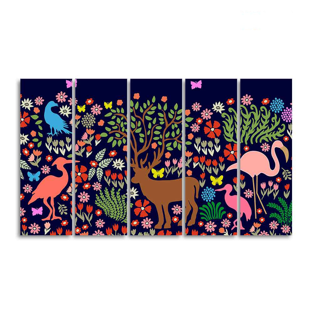 Premium Canvas Folk Art Painting of Animals in Dark Forest Set of Five