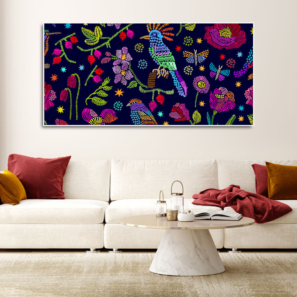 Premium Canvas Folk Art Painting of Birds, Flowers & Butterfly