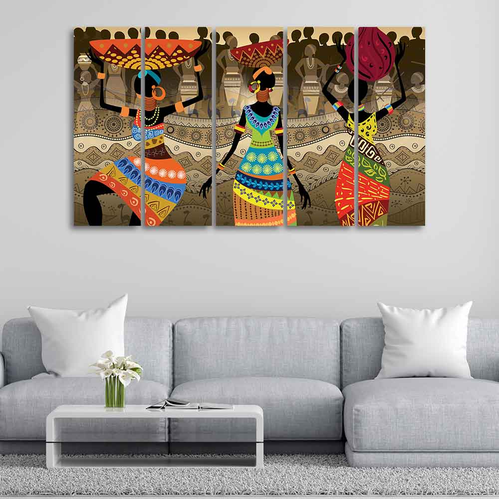 Premium Canvas Wall Painting of African Warli Art Set of Five