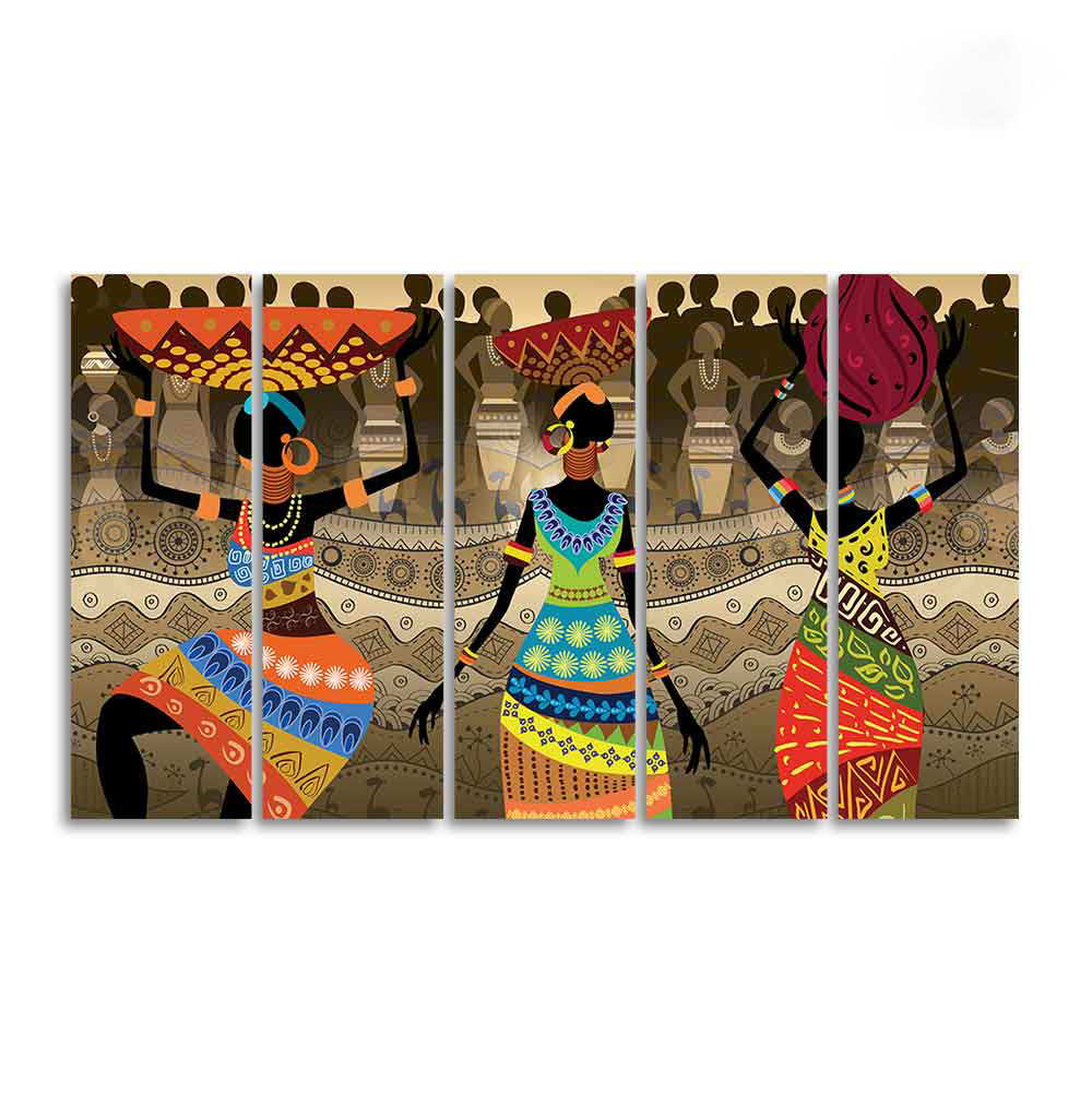 Premium Canvas Wall Painting of African Warli Art Set of Five