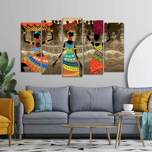 Premium Canvas Wall Painting of African Warli Art Set of Five Pieces