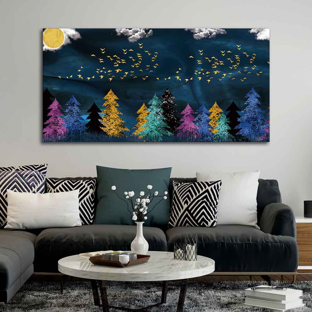 Premium Canvas Wall Painting of Golden Birds Flying over The Dark Forest