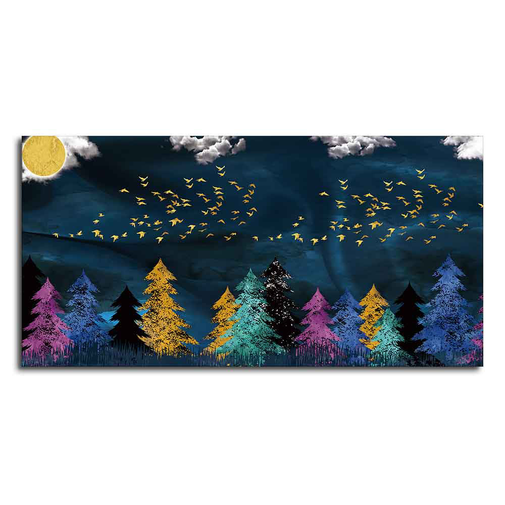 Premium Canvas Wall Painting of Golden Birds Flying over The Dark Forest