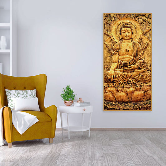 Premium Canvas Wall Painting of Golden Lord Buddha Sculpture