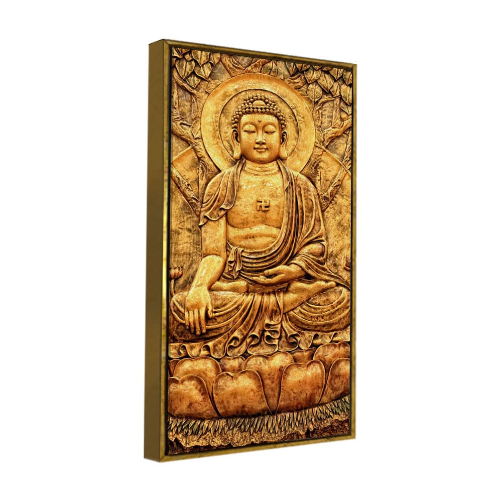 Premium Canvas Wall Painting of Golden Lord Buddha Sculpture